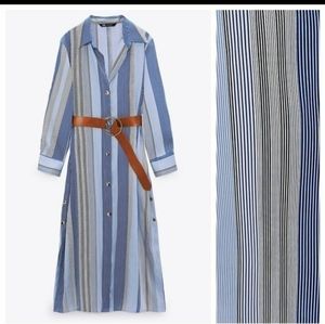 NWT. Zara Blue Satin Effect Belted Striped Midi Shirt Dress. Size M